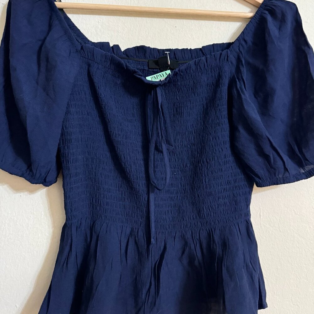 E&M Navy Blue Smocked Off-Shoulder Top with Puff Sleeves, Size Medium NWT